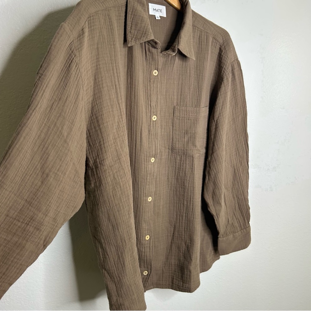 NWOT MATE The Label 100% Organic Cotton Gauze Button Down Shirt Brown Tan XL - Picture 12 of 15